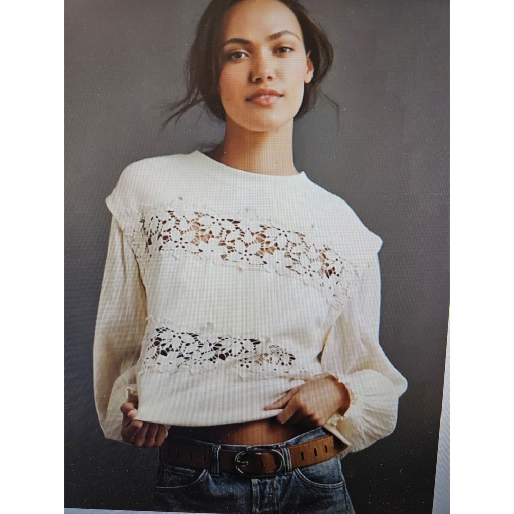 NWT Anthropologie Floral Cream Lace Cutwork Panels Long Sleeve Pullover, Size LG